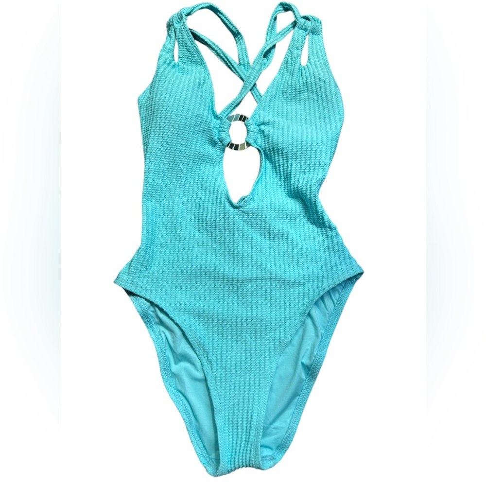 BECCA Womens Turquoise Cut Out Textured one piece Swimsuit Size Medium NWT